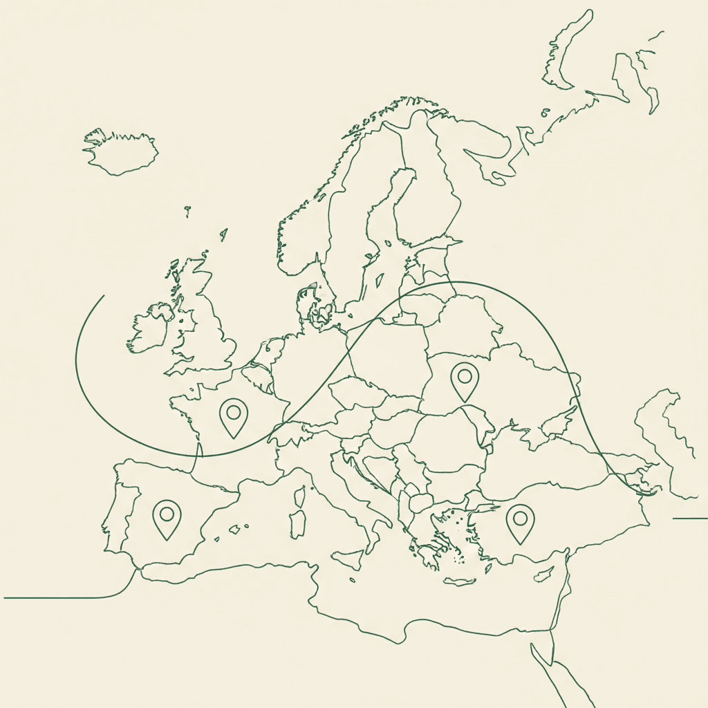 Illustration of distributor territory management across Nordic and EU markets, showing assigned regions and resolved overlap