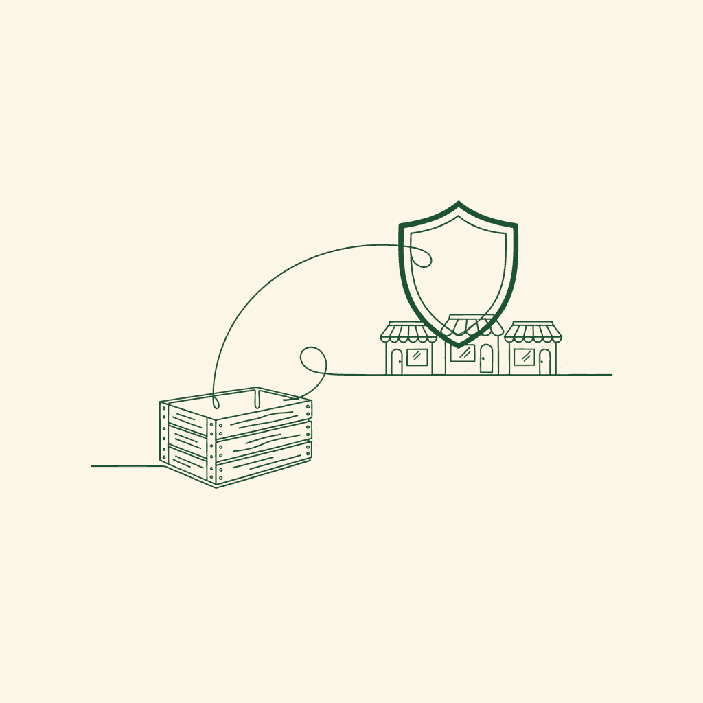 Minimal illustration of EU wholesale product recall protecting retailers via crate, arc, and shield