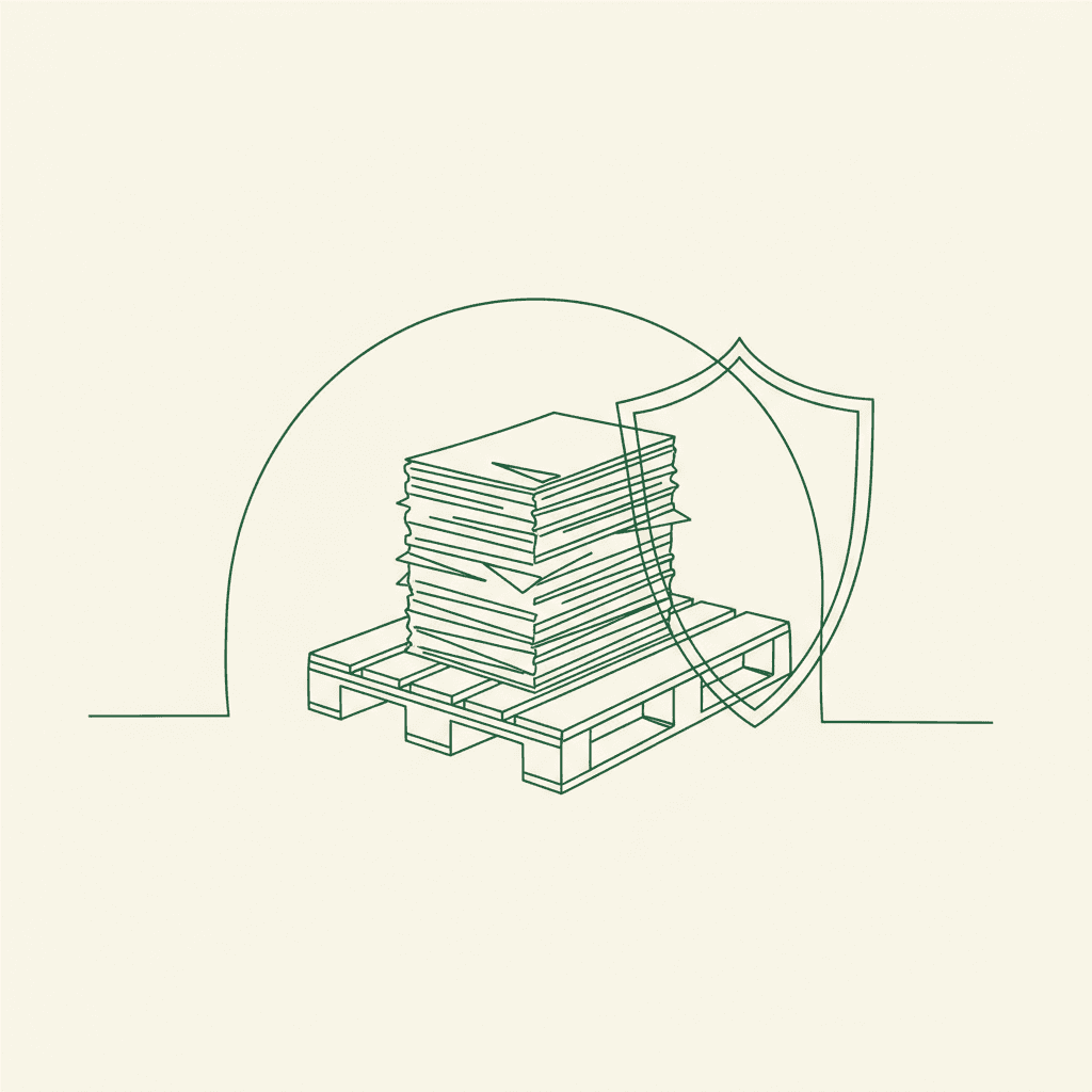 Minimal editorial image: wholesale goods and invoices under a shield, evoking trade credit insurance