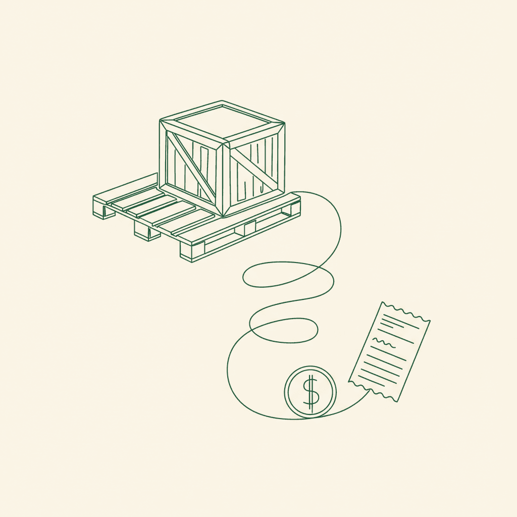 Minimal illustration of returnable pallets and crates with deposit loop for EU wholesale packaging rules