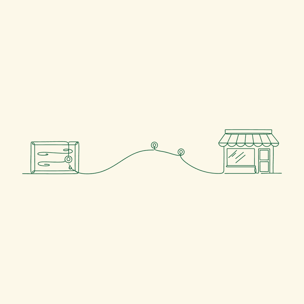 Minimal illustration of EU crate linked to UK shop by Channel arc, for post-Brexit wholesale guide