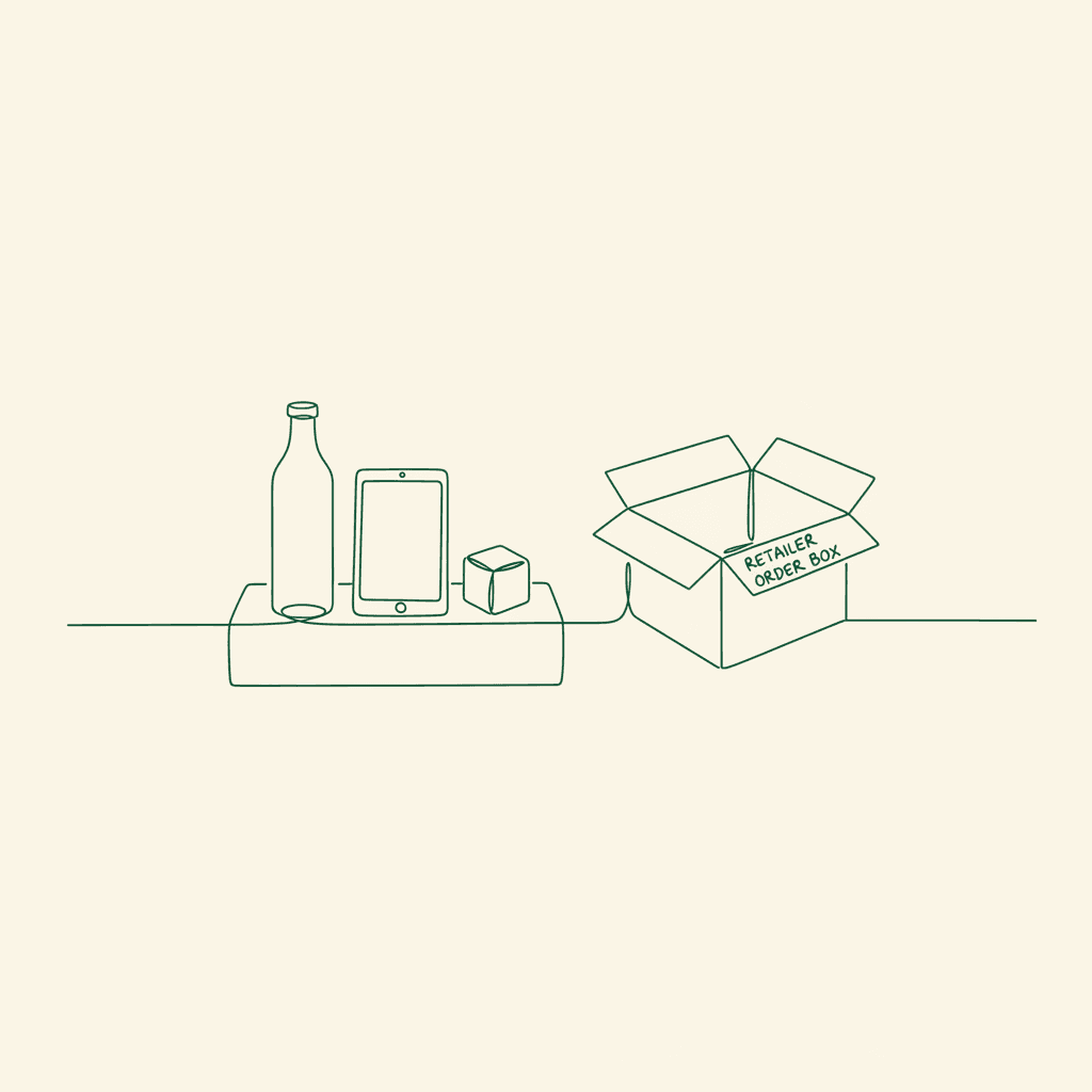 Minimal illustration of product variants grouped into a case pack for wholesale SKU management.