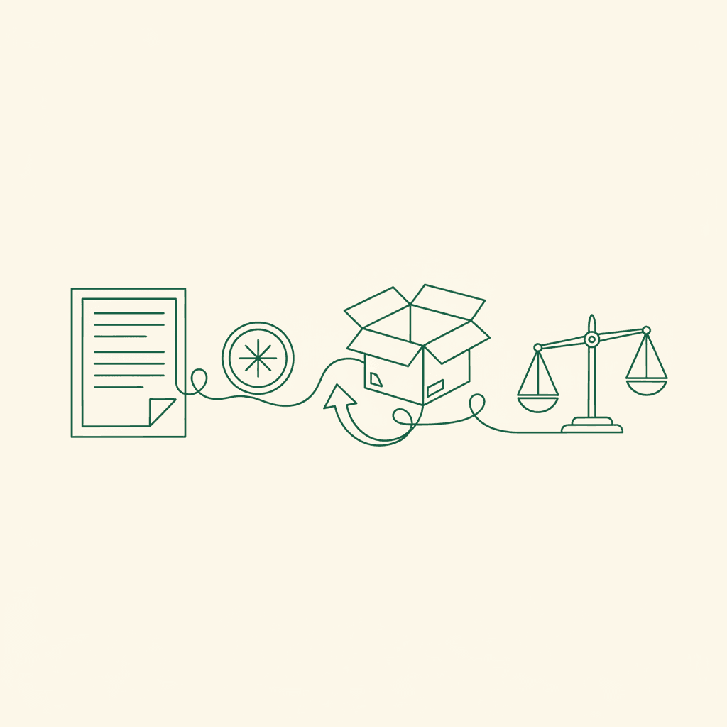 Minimal illustration of wholesale terms and conditions: orders, payment, delivery, returns, and disputes connected.