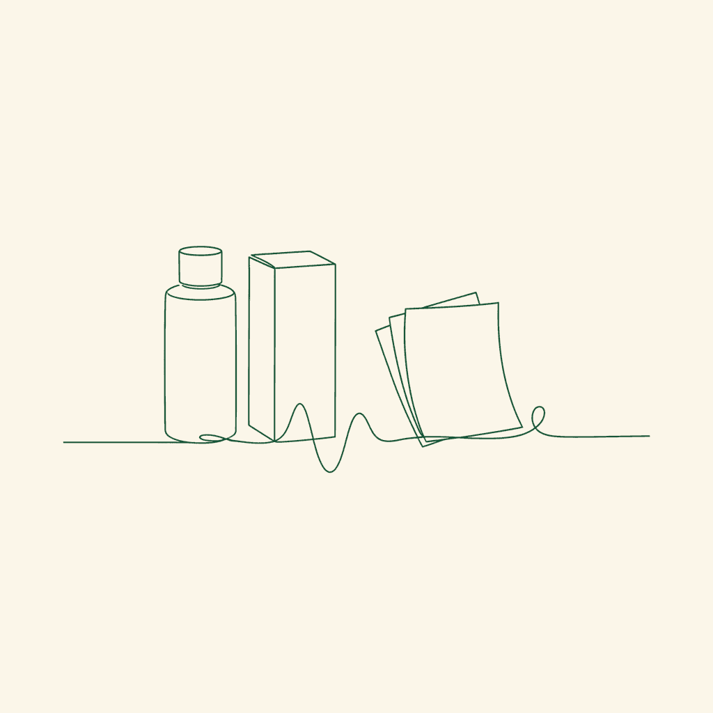 Minimal illustration of bottle, carton and papers joined by a timeline for wholesale remaining shelf life rules