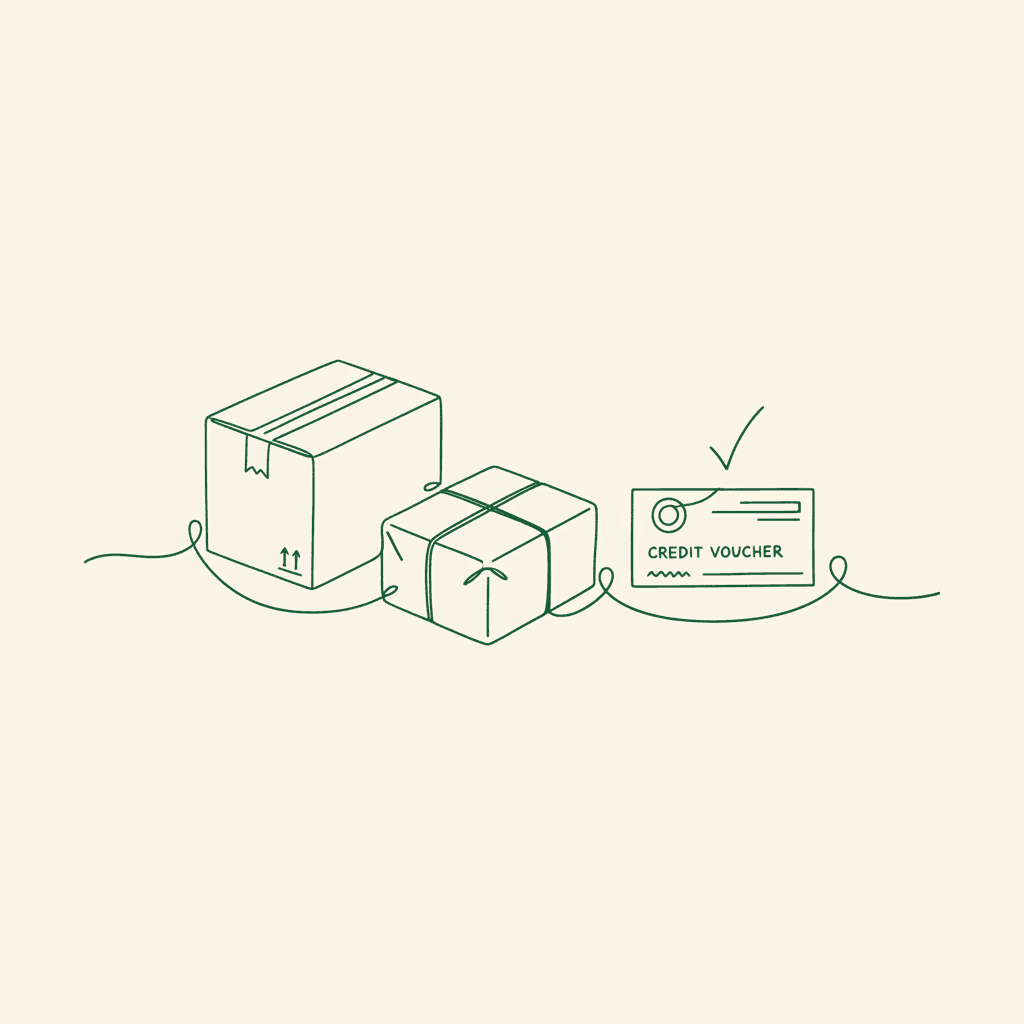 Single-line illustration of a wholesale returns process linking goods, authorisation and credit