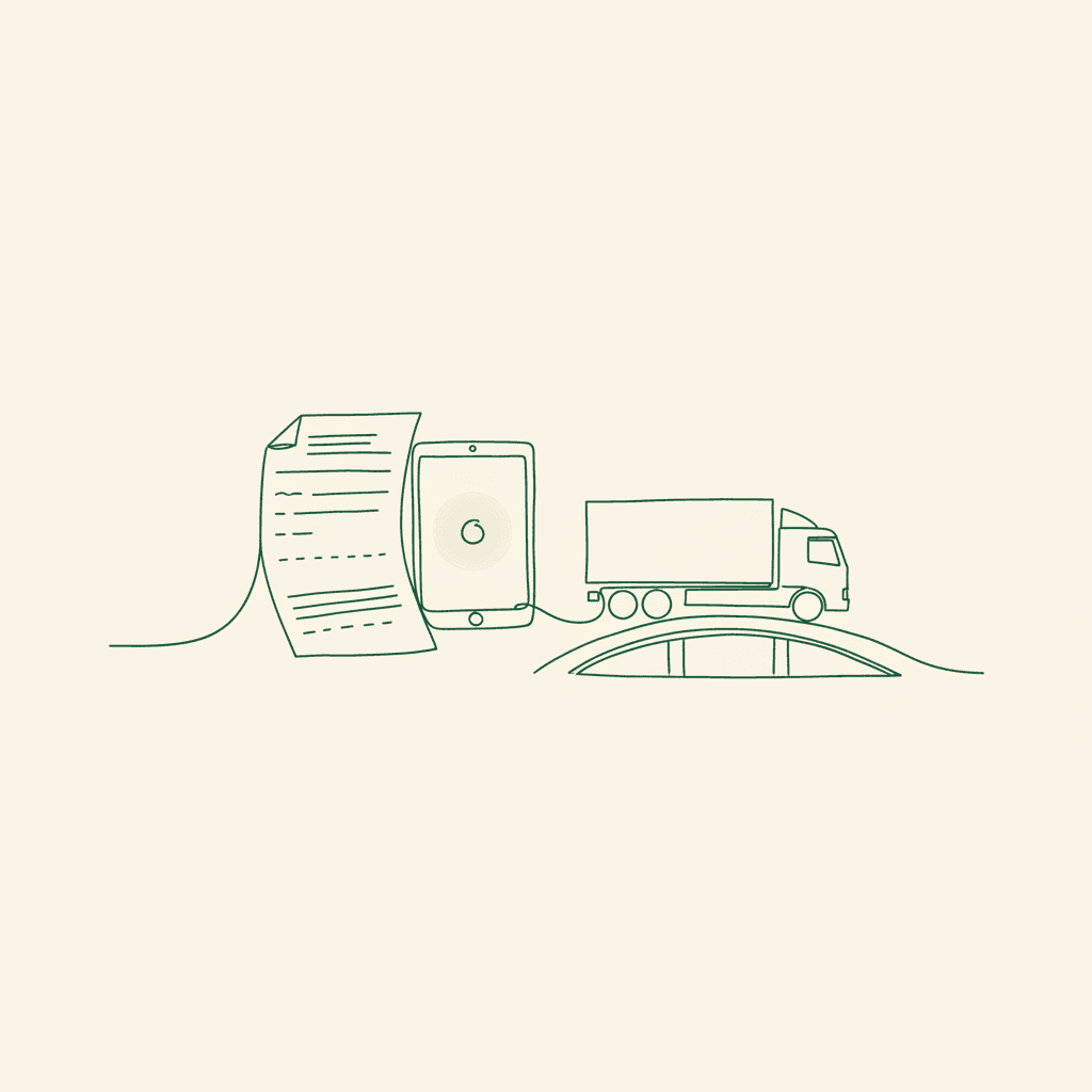 Paper CMR note becoming digital tablet by a truck, illustrating e-CMR for EU wholesale road freight