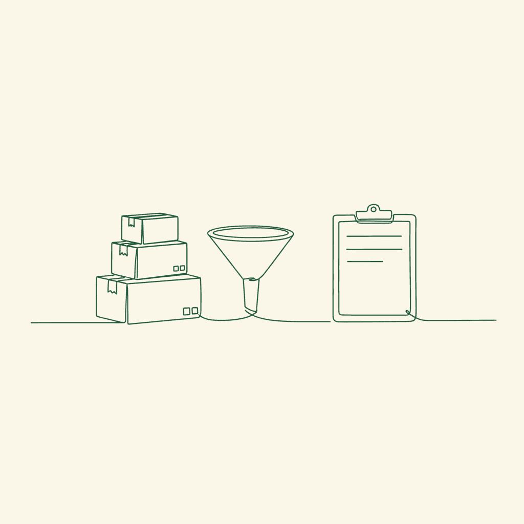 Cartons funneling into one order clipboard, illustrating CSV bulk uploads for B2B wholesale portals