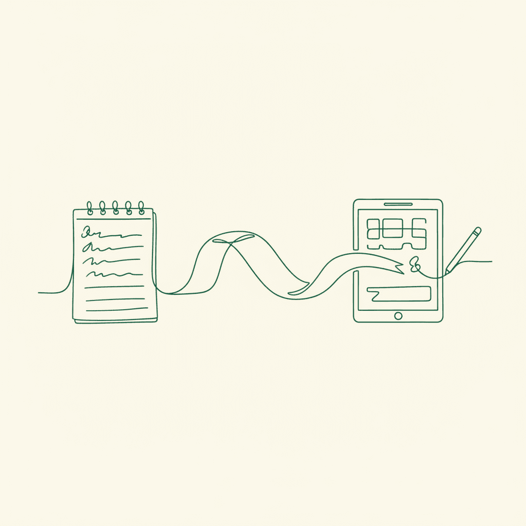Handwritten order pad flowing into tablet, illustrating seamless wholesale showroom order import without double entry
