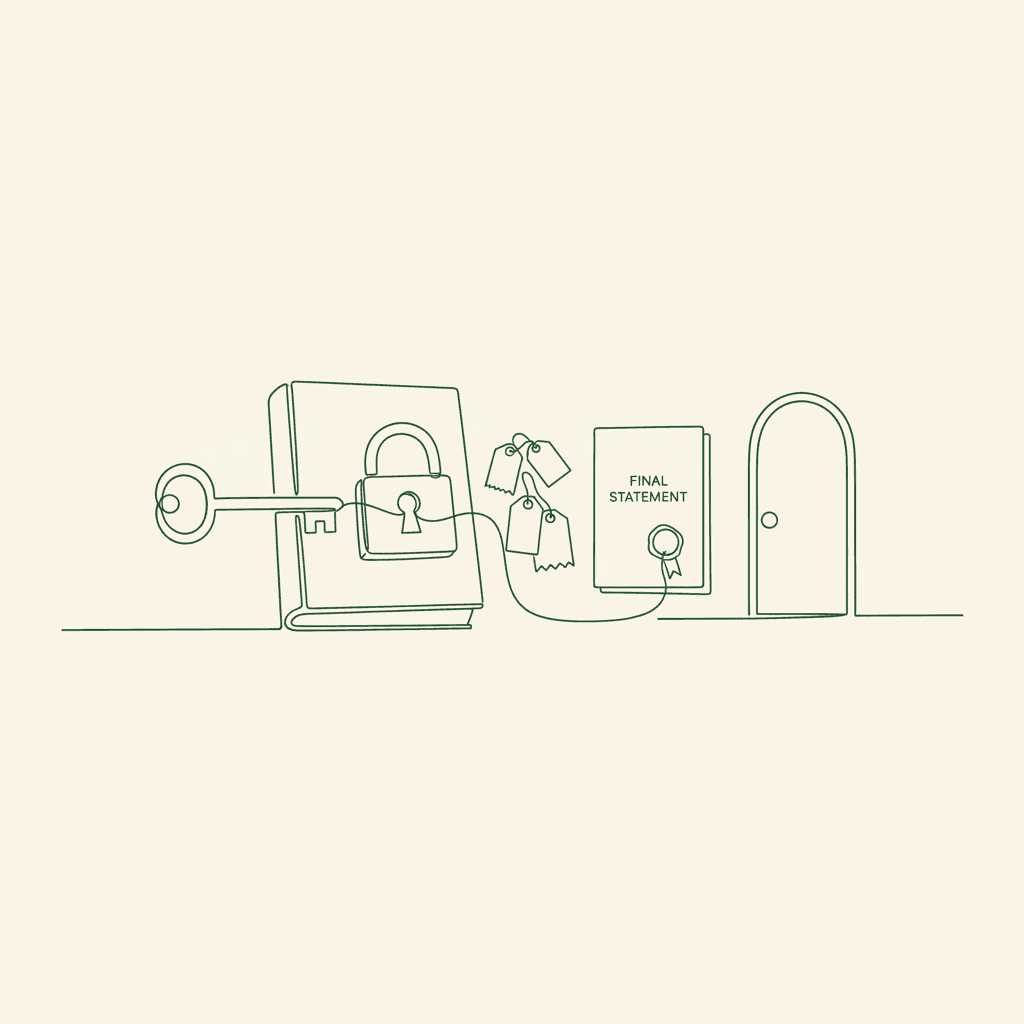 Minimal illustration of locking a ledger with key, cut tags and closed door for retailer offboarding