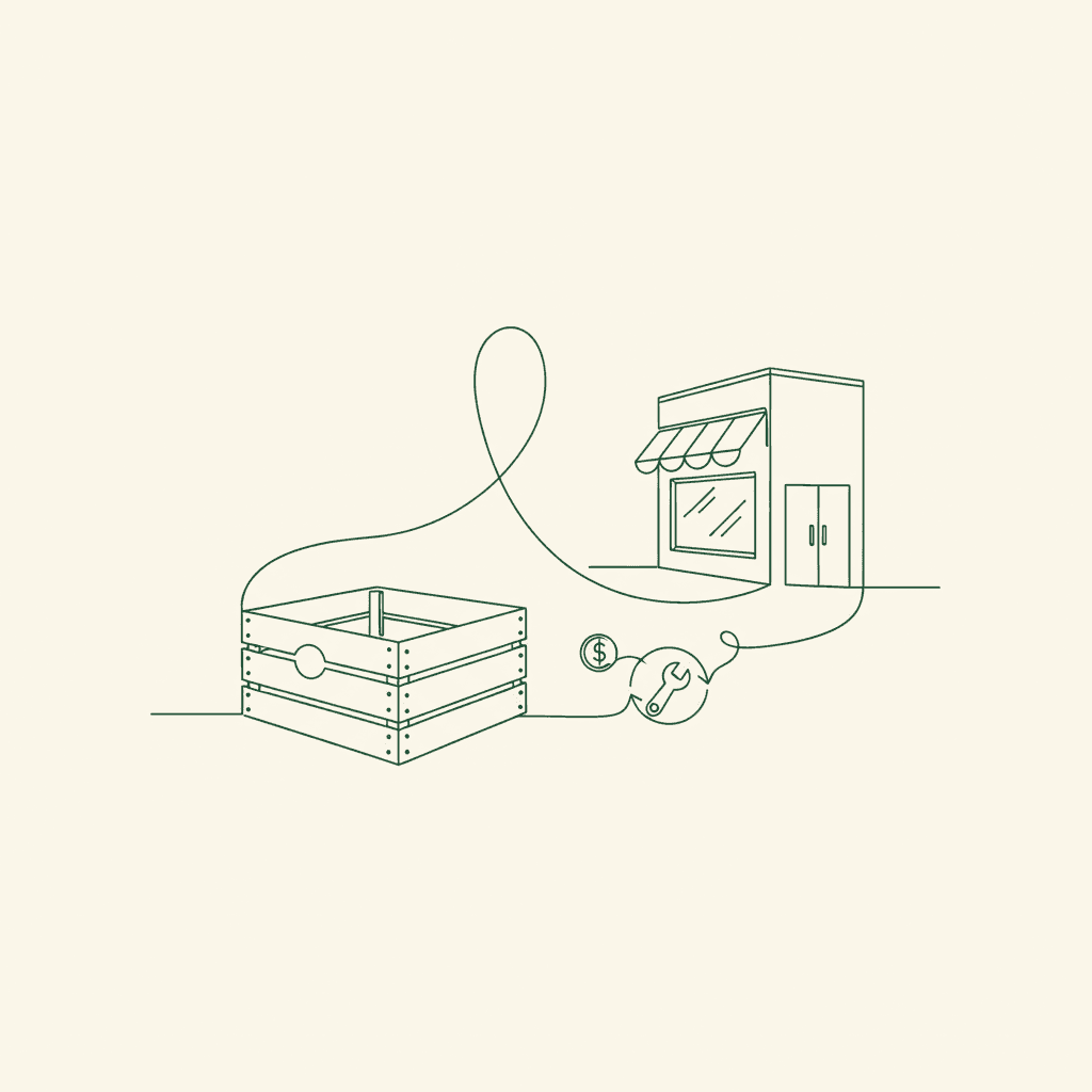 Single-line illustration of a wholesale crate and storefront representing wholesale account management.