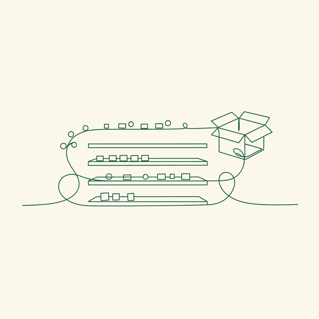 Minimal illustration of products moving through retail shelves to show wholesale sell-through and replenishment.