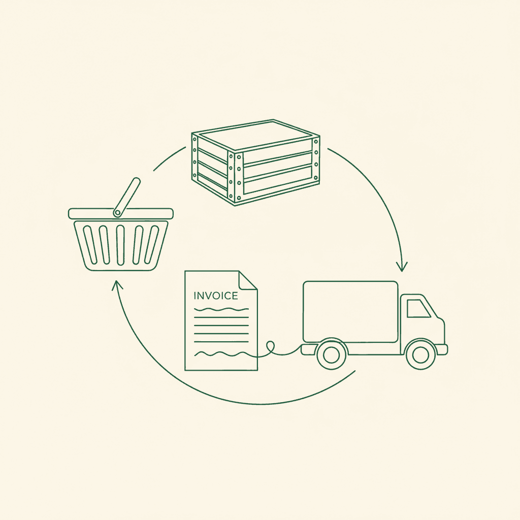 Minimal line illustration of wholesale order status tracking from basket to warehouse, invoice, and delivery