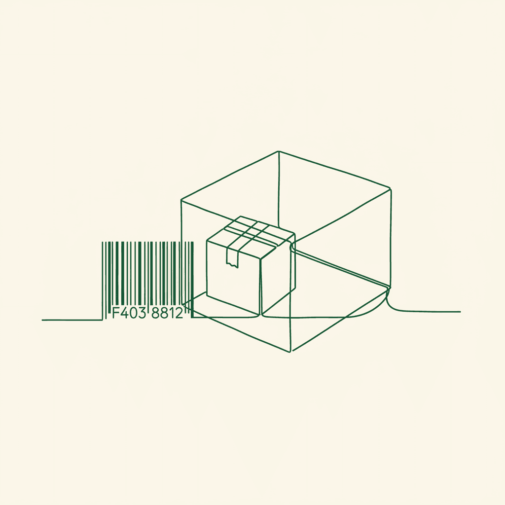Minimal illustration of unit and case packs linked by a barcode line for GTIN wholesale catalogue setup