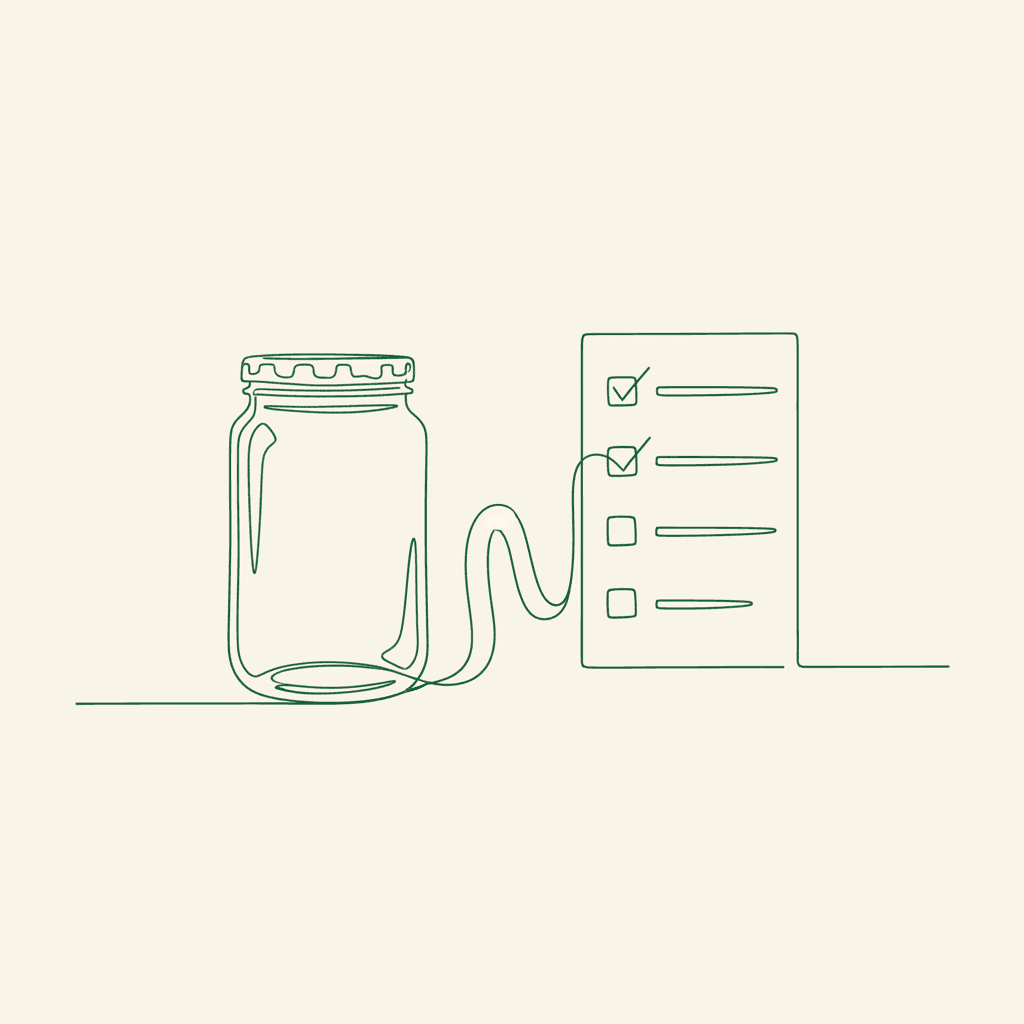 Minimal illustration of jar and checklist linked by ribbon, for allergen data in wholesale F&B catalogues