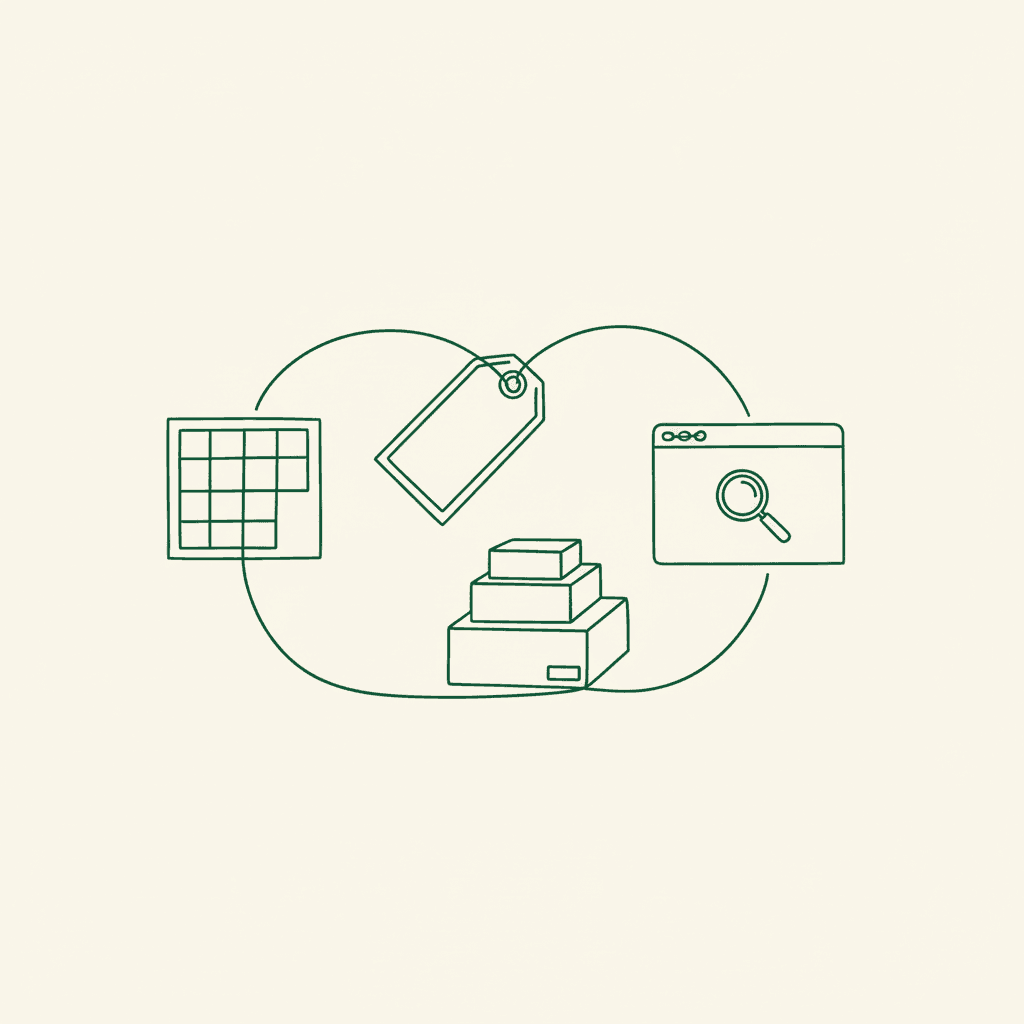Minimal illustration of a wholesale line sheet linking products, prices, case packs, and ordering details