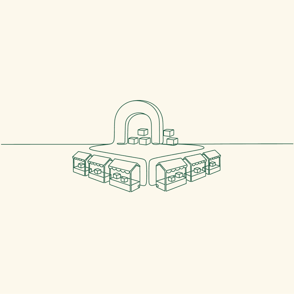 Minimal illustration comparing B2B wholesale ecommerce and marketplace models through two connected selling paths