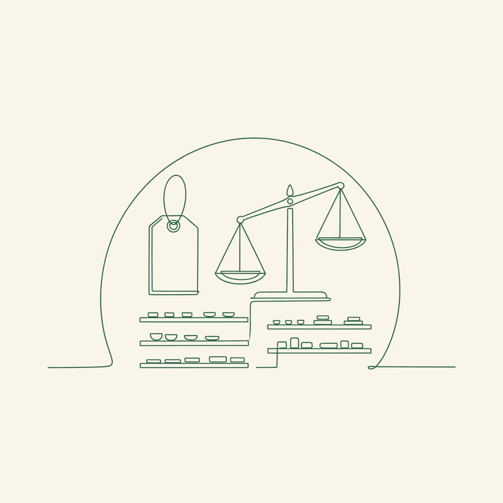 Minimal illustration: price tag and scale arc over shelves, symbolizing MAP policies within EU competition rules