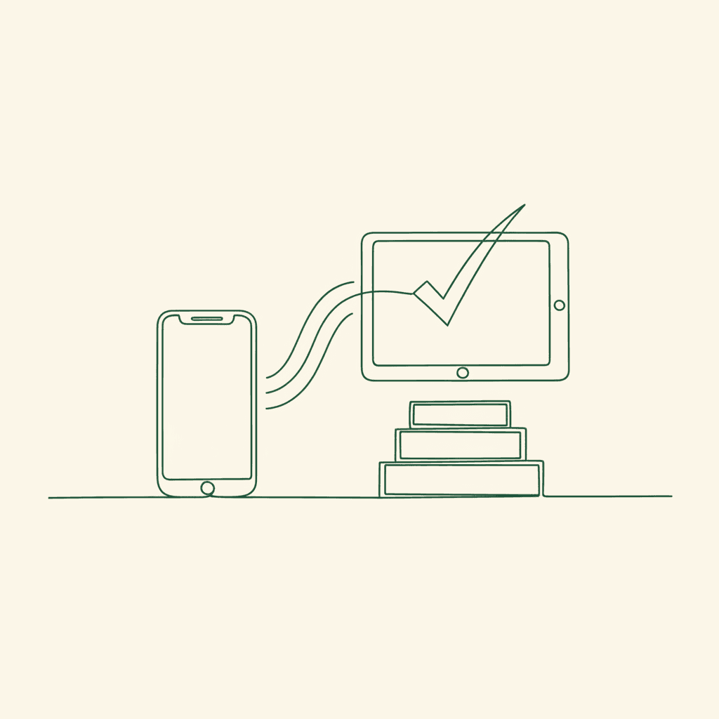 Phone and tablet linked to crates and checkmark, illustrating mobile B2B wholesale ordering needs