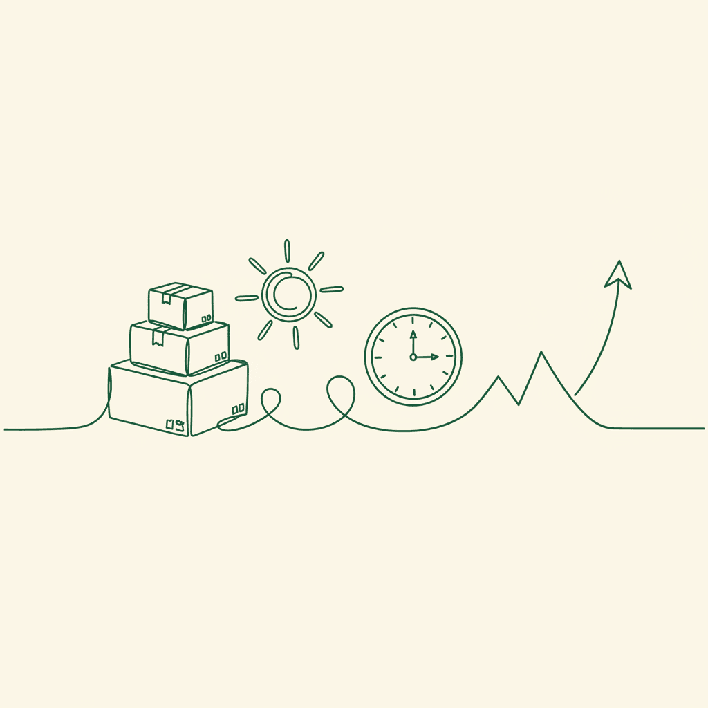 Minimal line illustration of cartons, seasonal timing, and an order wave for wholesale demand forecasting
