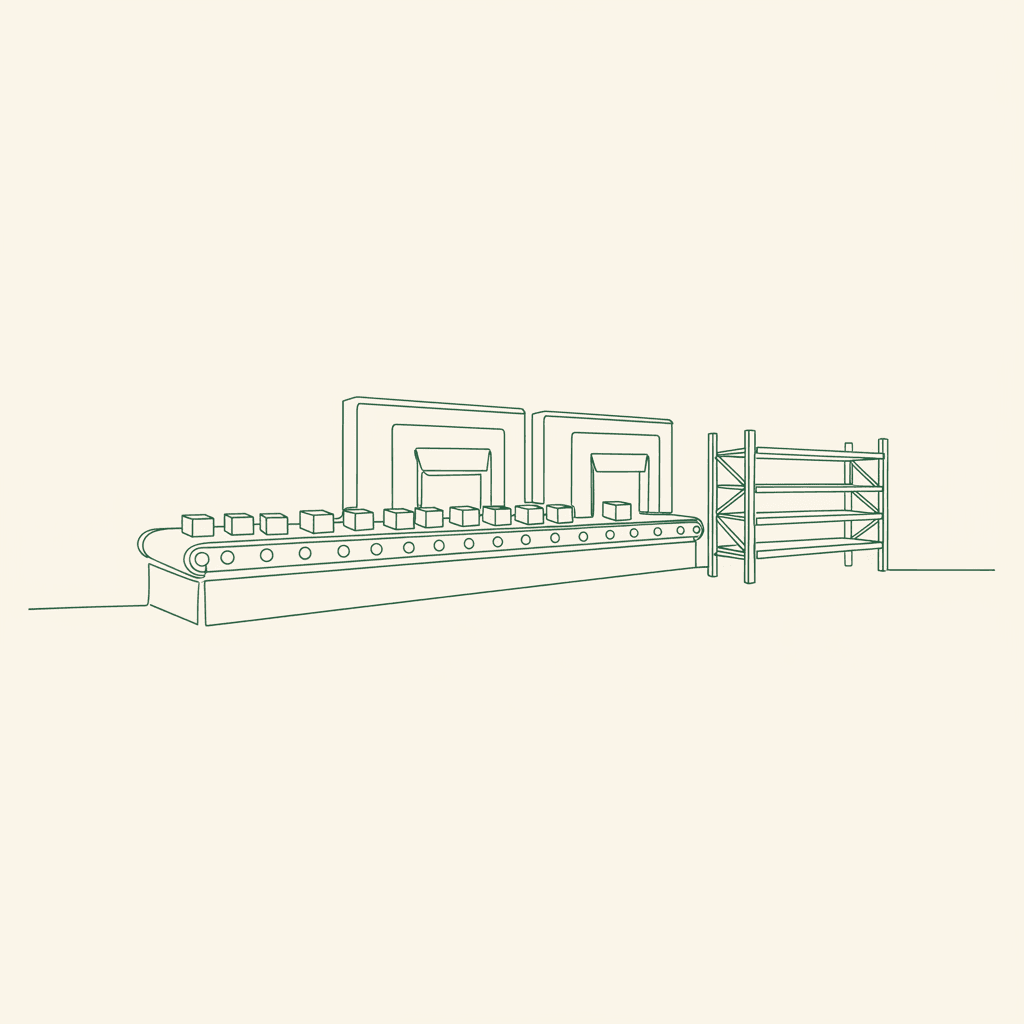 Crates flowing dock-to-dock past empty shelves, illustrating EU wholesale cross-dock vs stock