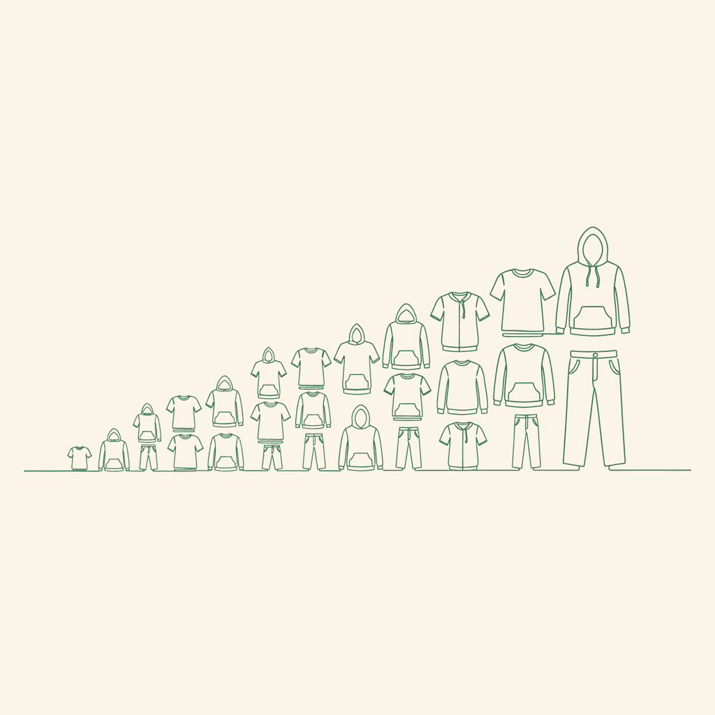 Minimal grid of sized garments in a smooth curve, illustrating wholesale size-run and prepack ordering