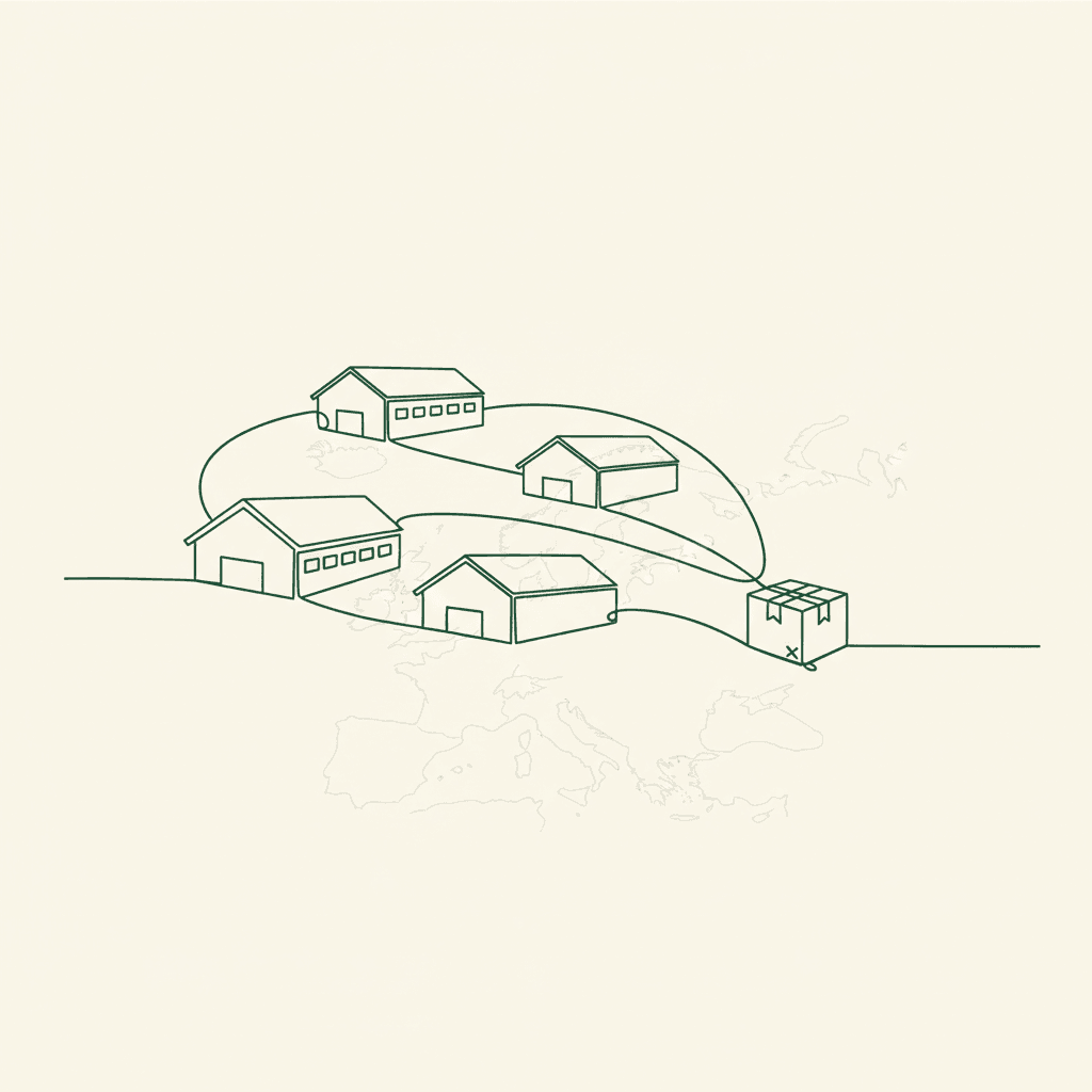Minimal illustration of multi-warehouse EU ship-from choice for B2B wholesale stock and VAT