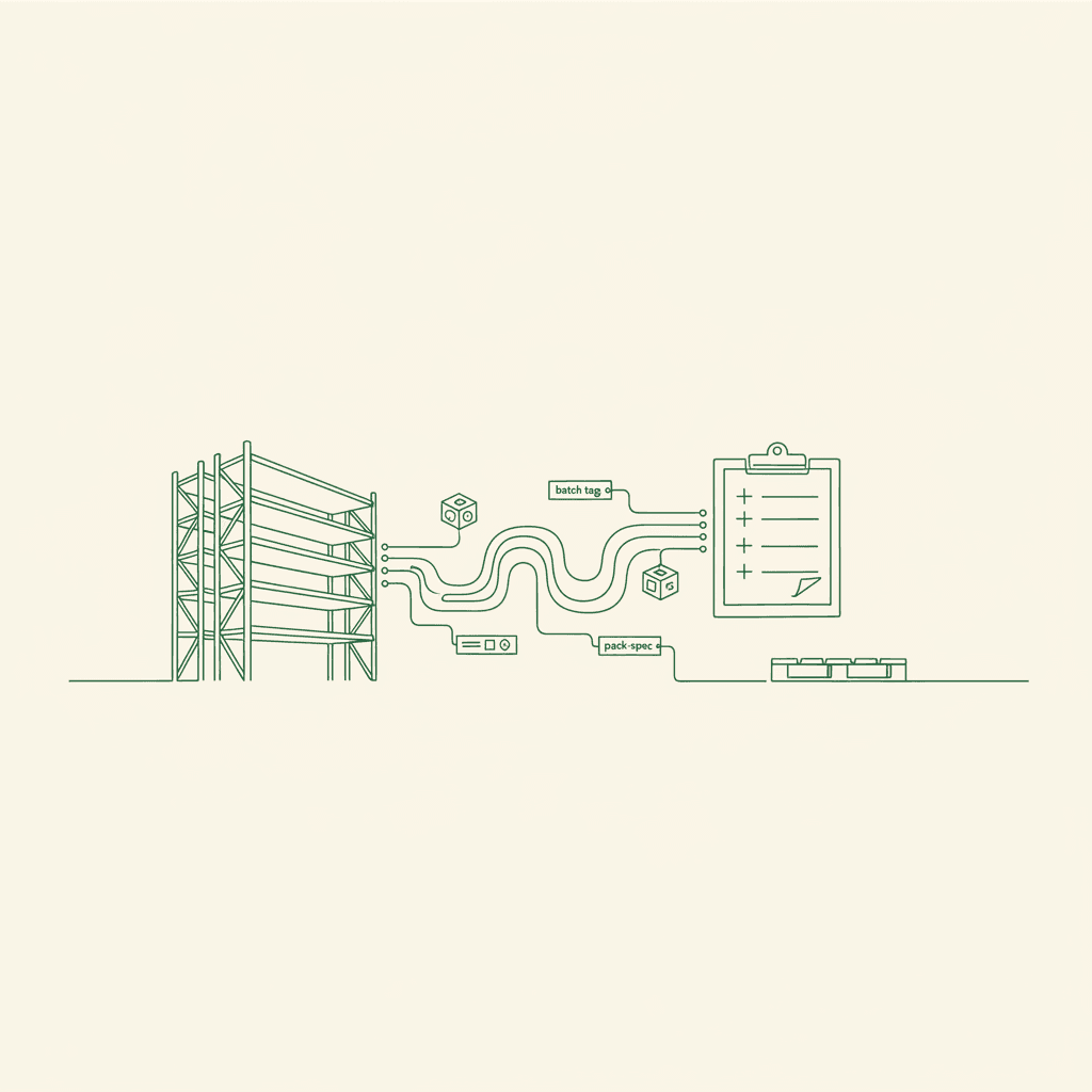 Minimal illustration of WMS integration syncing stock, ASN, shipments, and pack specs for B2B wholesale