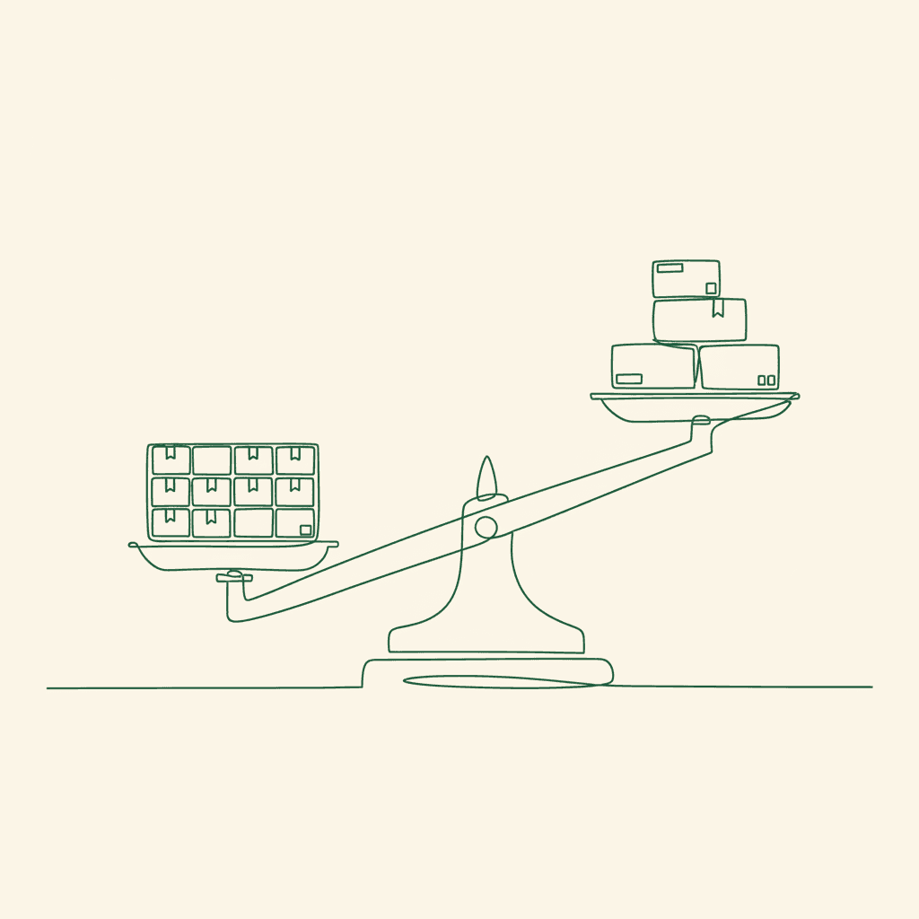 Single-line illustration of balanced case packs and cartons representing wholesale minimum order quantity rules
