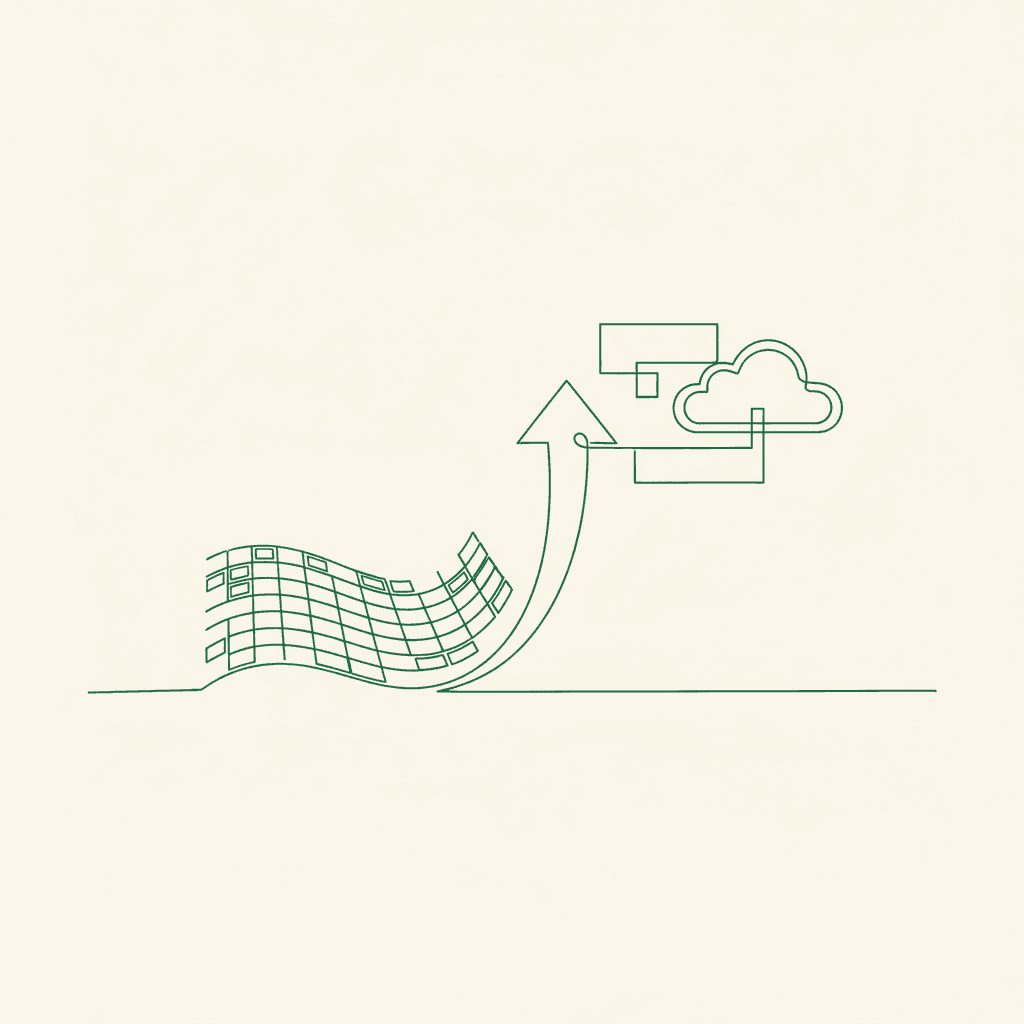Editorial line illustration representing Wholesale Spreadsheets: When to Upgrade Your Operations