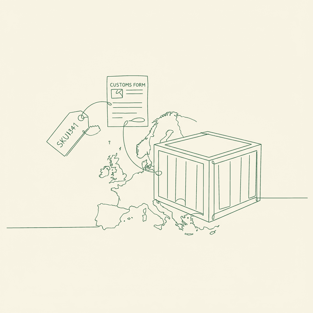 Minimal illustrasjon av SKU-etikett knyttet til toll- og fraktdokumenter for EU engros HS-kodeklassifisering