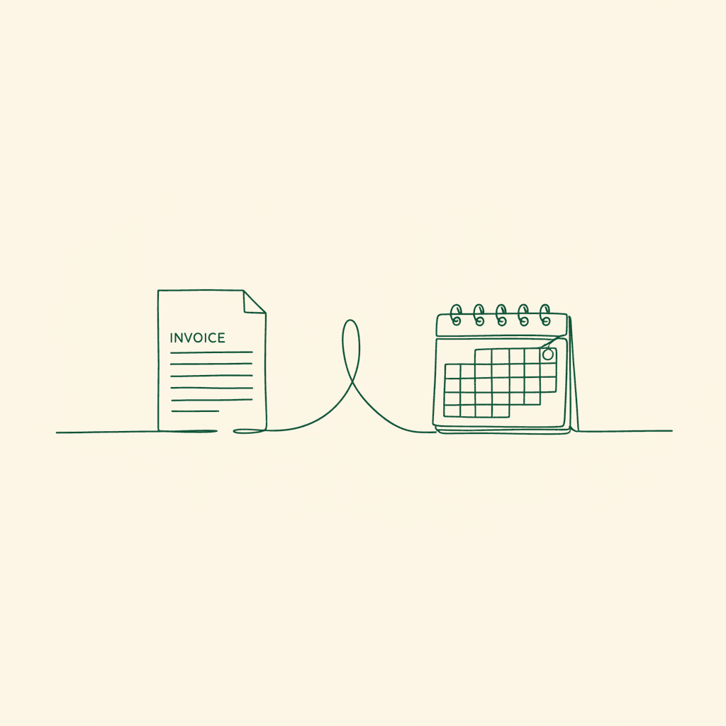 Minimal illustration of invoice and calendar linked by an arc, for B2B net 30/60 wholesale payment terms