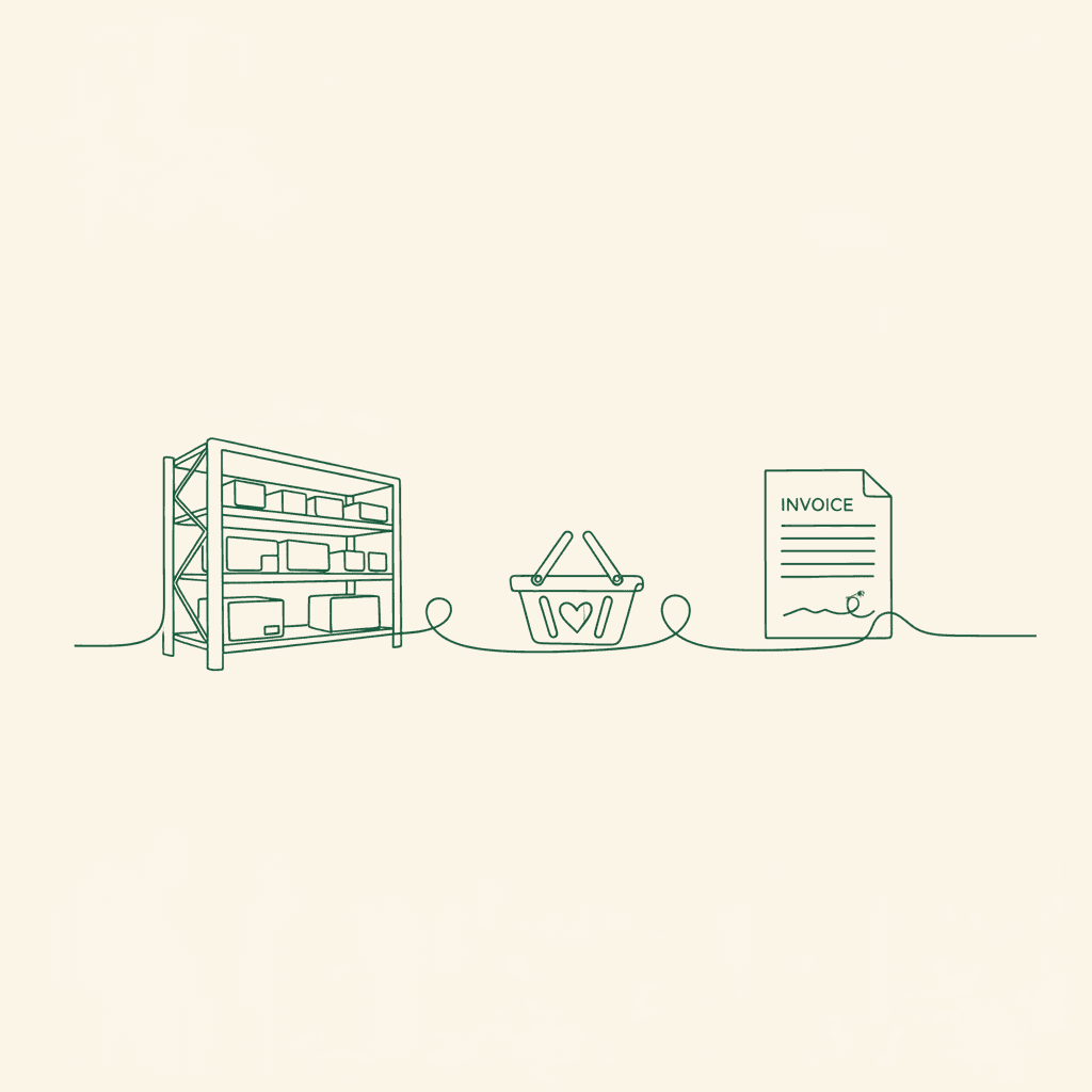 Minimal line illustration of wholesale reordering connecting stock, saved products and invoicing