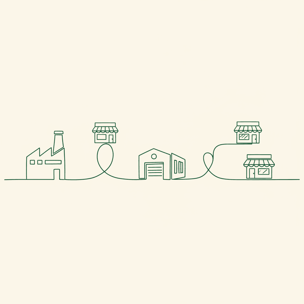 Minimal illustration comparing direct, distributor-led, and hybrid wholesale distribution models