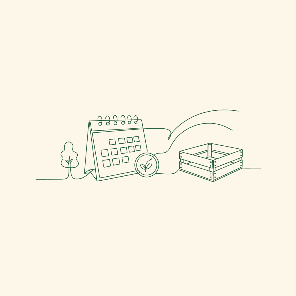 Minimal illustration of prebook calendar vs at-once crate for Nordic wholesale brand ordering guide