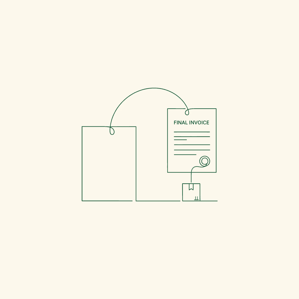 Minimal illustration of wholesale proforma invoice linking to final invoice and crate