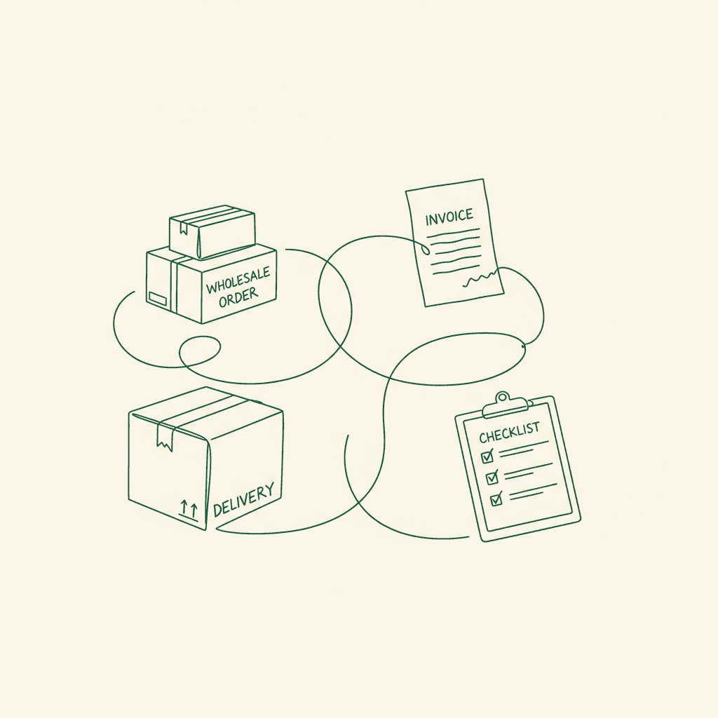 Wholesale order confirmation represented by an order, invoice, delivery box, and checklist connected by one line