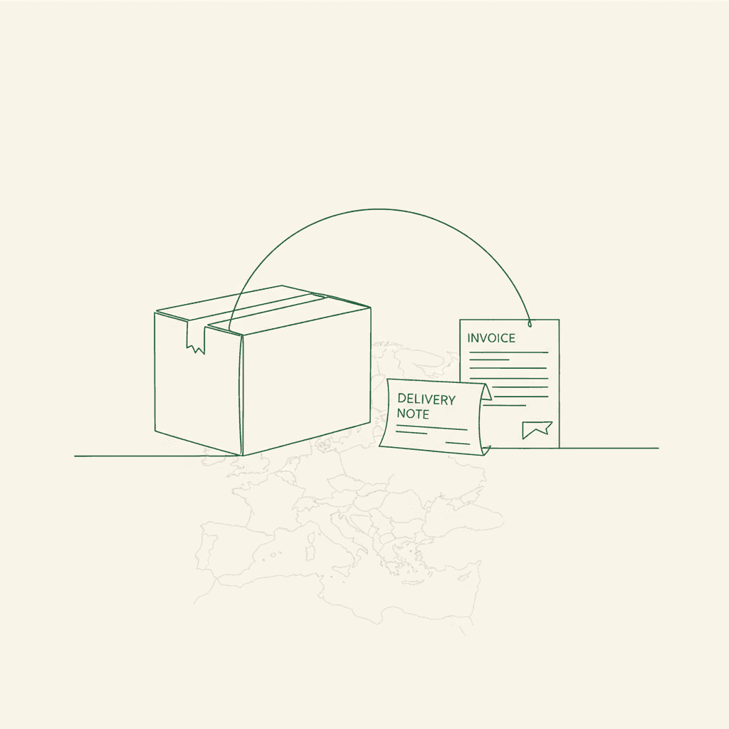 Minimal illustration of carton, packing slip and invoice linked for EU wholesale packing requirements