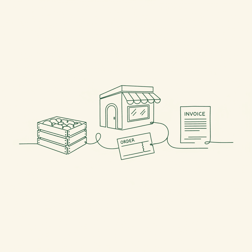 Minimal illustration of EDI for wholesale linking a crate, retailer, orders, and invoices, with one connection left open