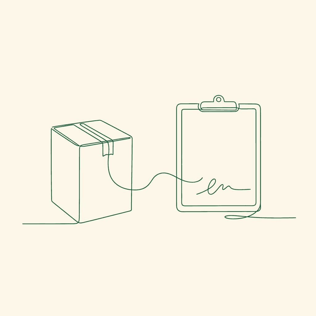Sealed carton linked to signed clipboard illustrating wholesale proof of delivery standards