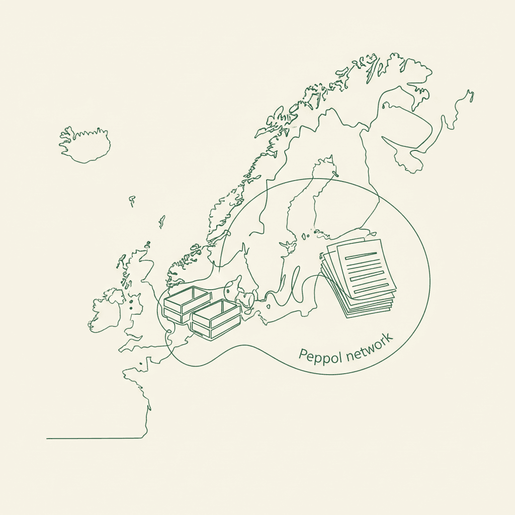 Minimal illustration of Nordic map linking wholesale goods and e-invoices via Peppol network arc