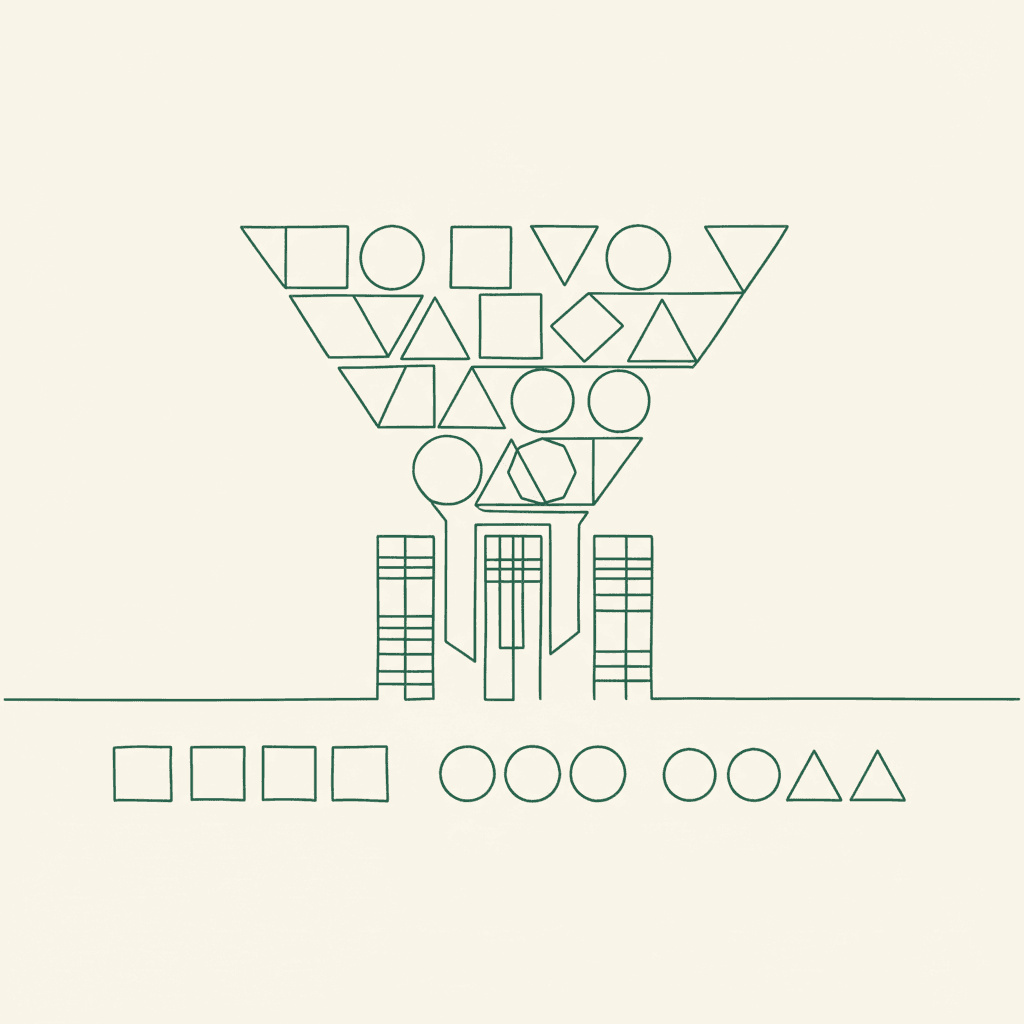 Minimal illustration of product tiles filtered through gates, for B2B wholesale catalogue search filters