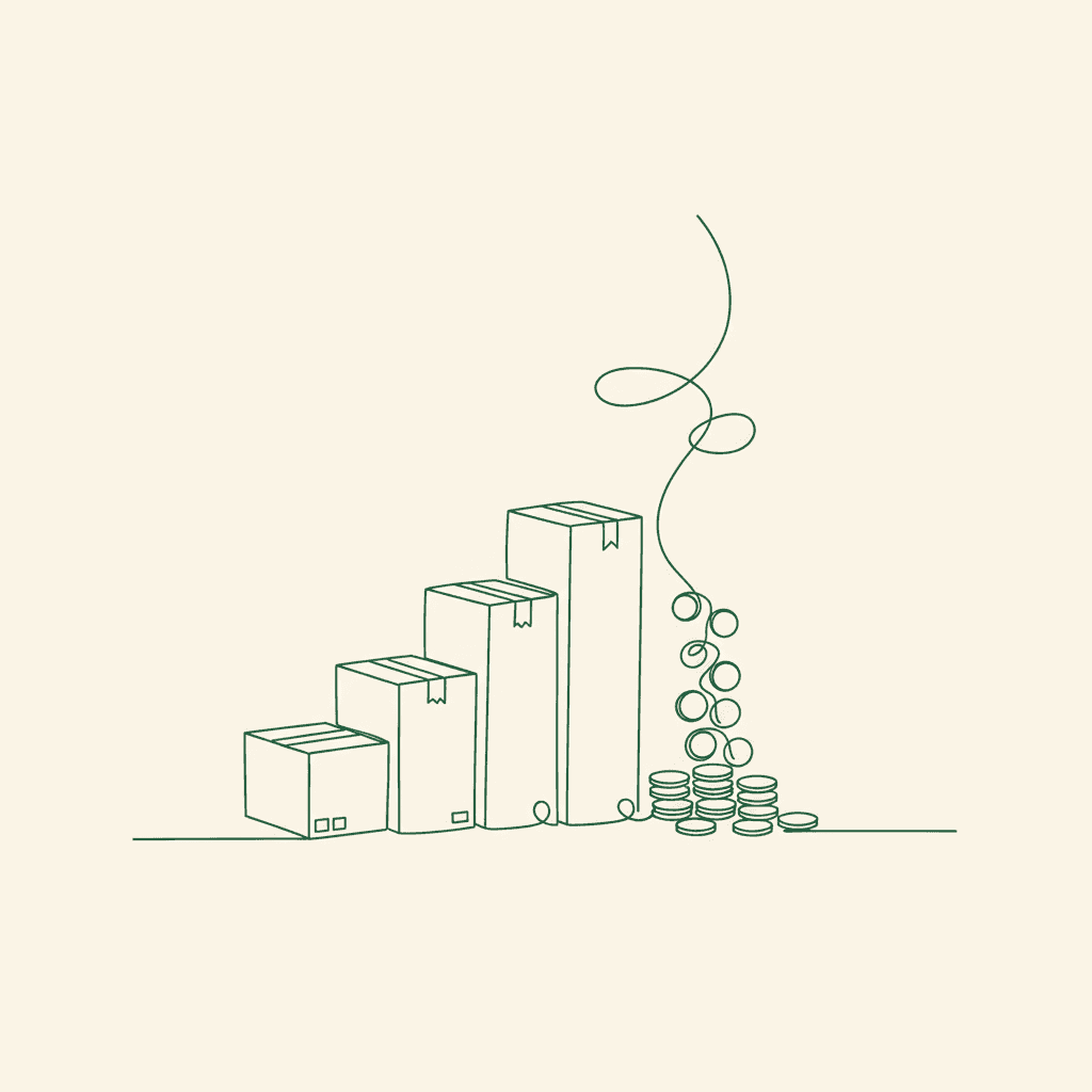 Minimal illustration of tiered cartons and coins representing wholesale discount structure and pricing policy