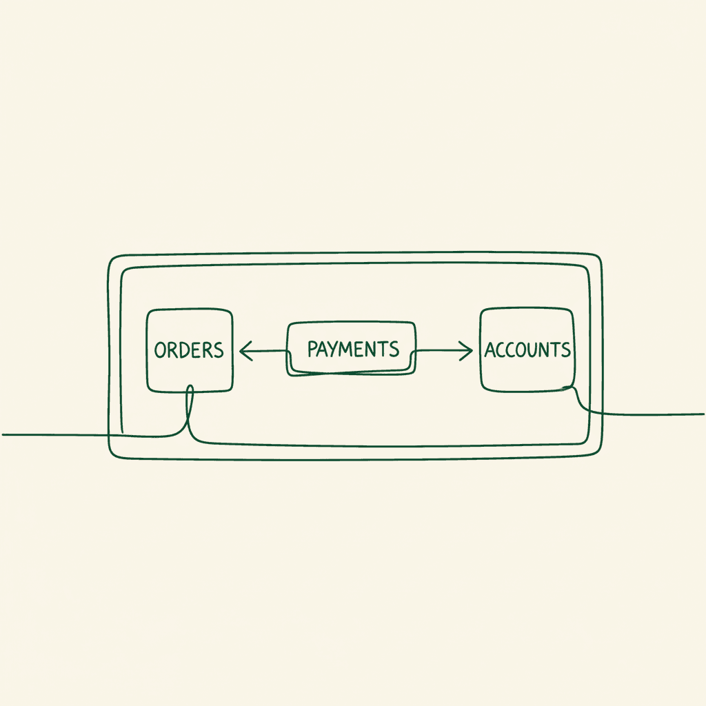 Minimal line illustration of connected order, payment, and account metrics for a distributor performance scorecard