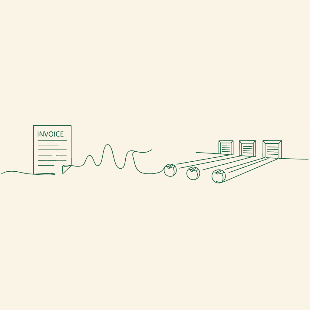 Minimal illustration of split invoicing: one invoice branching to multi-ship wholesale parcels