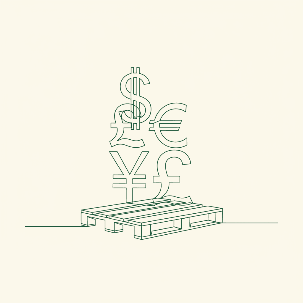 Illustration for B2B Multi-Currency Pricing: A stack of international currency symbols on a shipping pallet.