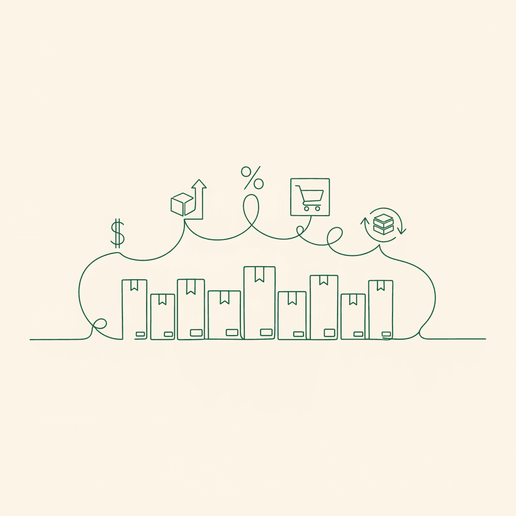 Minimal line illustration of a balanced product assortment linked to sales, margin, retailer fit, seasonality and inventory.