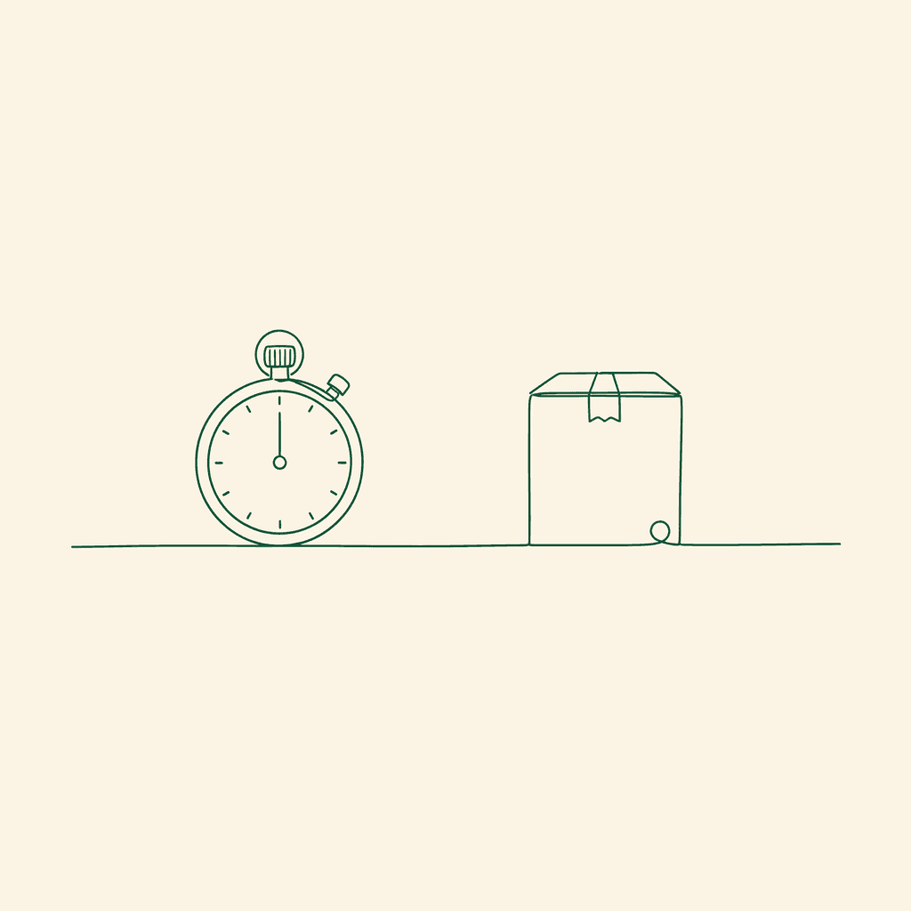 Stopwatch and carton linked by timeline for wholesale order SLA from cut-off to dispatch