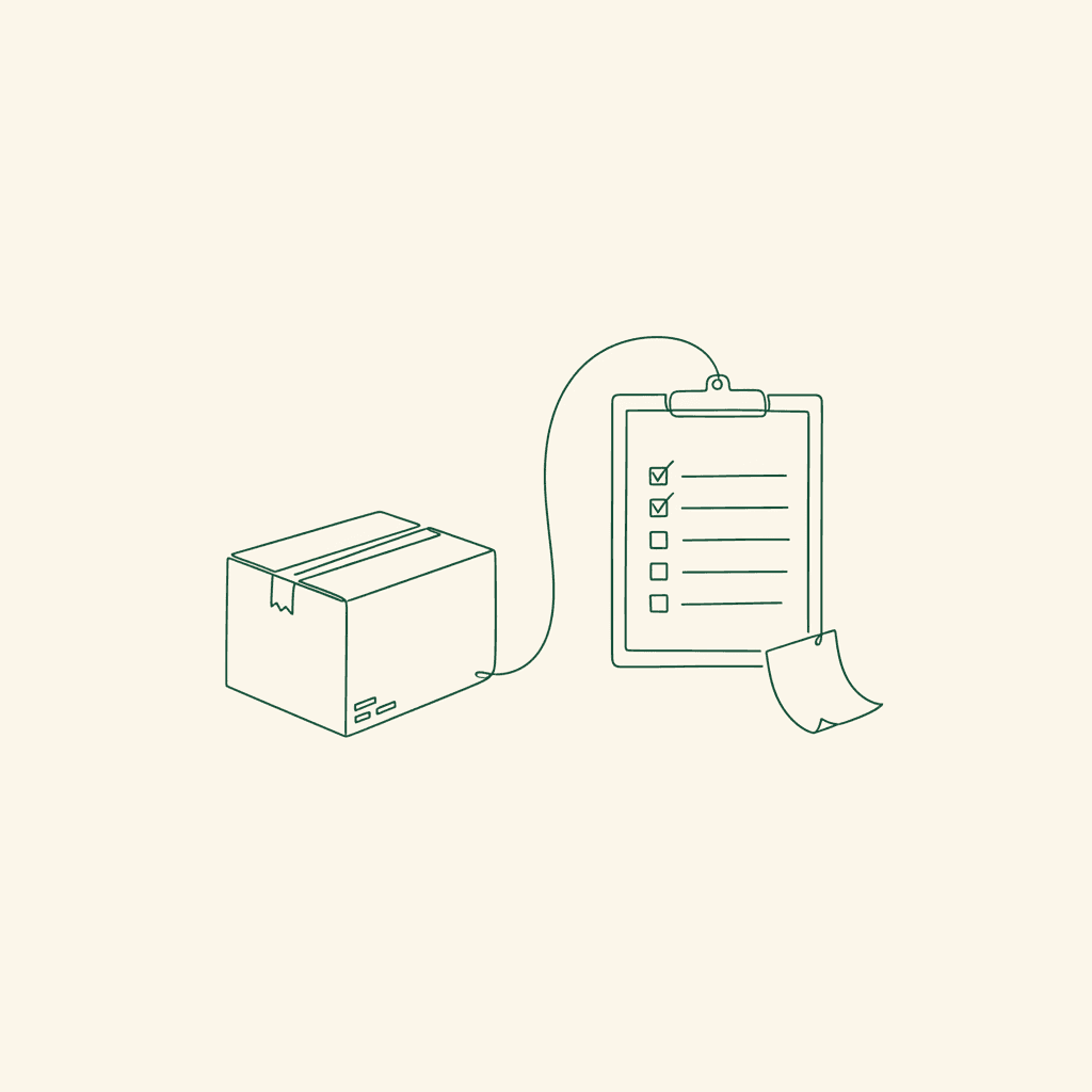 Minimal illustrasjon: skadet engros pappeske koblet til sjekkliste og kreditnota for reklamasjoner etter levering