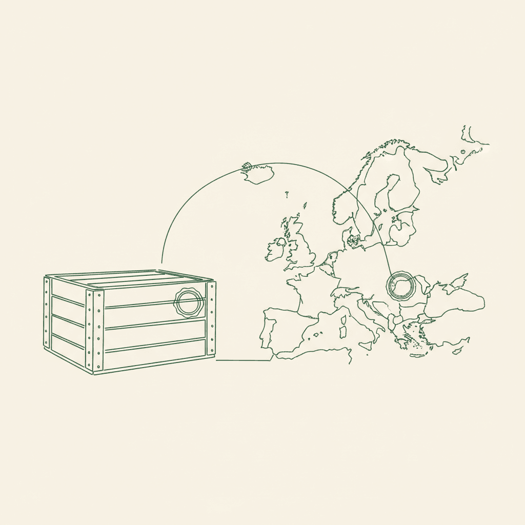 Minimal illustration of crate, EU outline and seal for preferential origin duty-cutting statements in wholesale