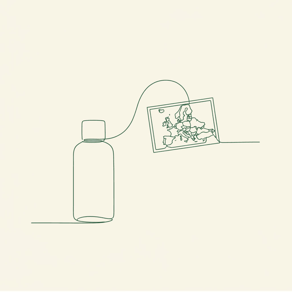 Minimal illustration: beauty product linked to REACH certificate and EU map for wholesale catalogue compliance